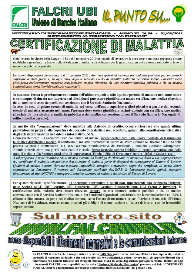 IL PUNTO SU NUM.4/2011 - CERTIFICAZIONE DI MALATTIA
